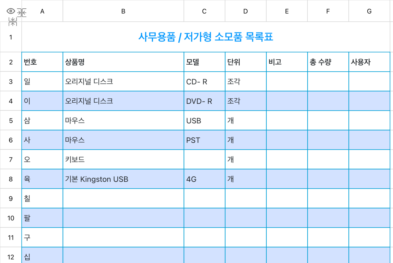 사무용품 / 저가형 소모품 목록표